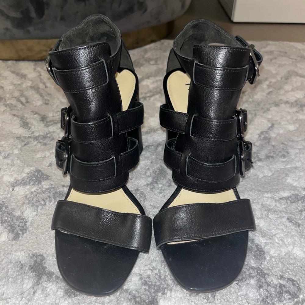 Via Spiga Black Leather Gladiator Open Toe Block Heels